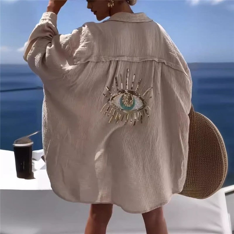 Embroidered Collar Long Sleeve Shirt in Solid Color