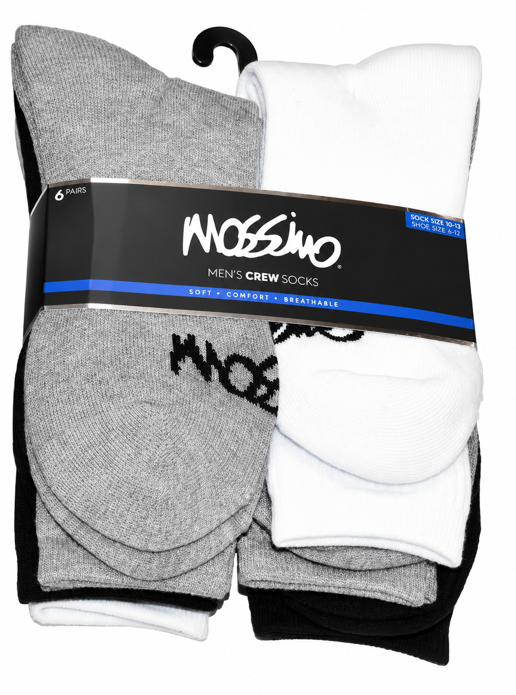 Mossimo Men's Crew Socks 6-Pair Pack – Black, Gray & White Cushioned Crew Socks | Size 10-13, Everyday Athletic & Casual Wear