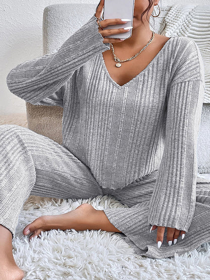 Long Sleeves Loose Solid Color V-Neck Shirt Top + Pants Bottom Pajama Sets
