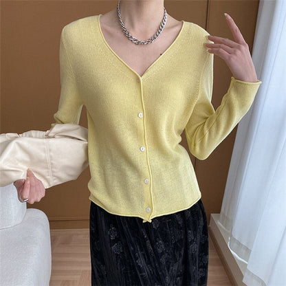 Solid Color V-Neck Ribbed Knit Cardigan