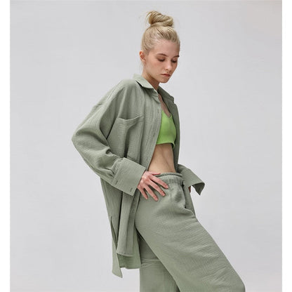 Solid Color Loose Long Sleeve Lapel Buttoned Waist Tied Blouse and Pants Two-Piece Loungewear Set