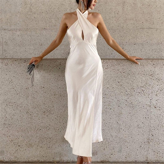 Halterneck Backless Slit Long Party Dress in Solid Color