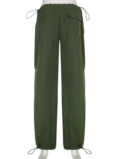 High Waisted Loose Drawstring Pleated Solid Color Pants Trousers