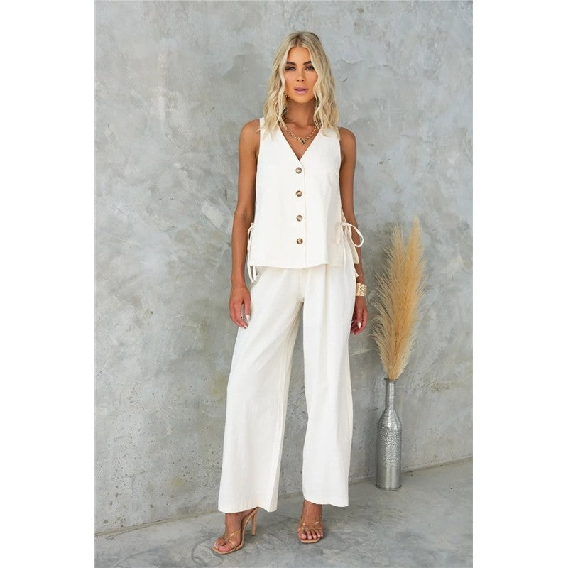 Single Breasted Sleeveless Vest and Trousers Set in Solid Color