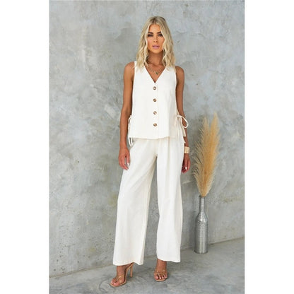 Single Breasted Sleeveless Vest and Trousers Set in Solid Color