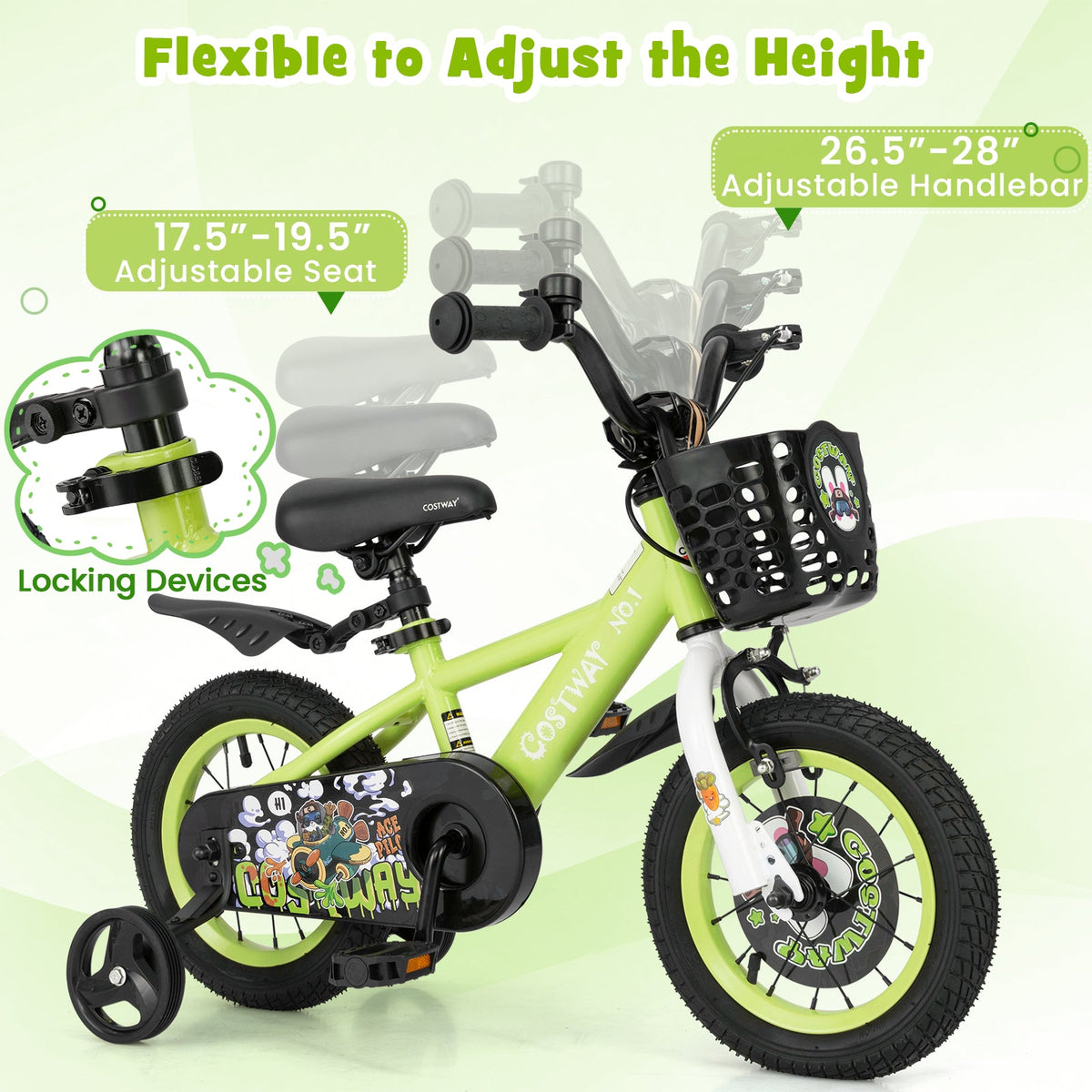 14 Inch Kids Bike Adjustable with Detachable Training Wheels for 3-5 Years Old-14 inches