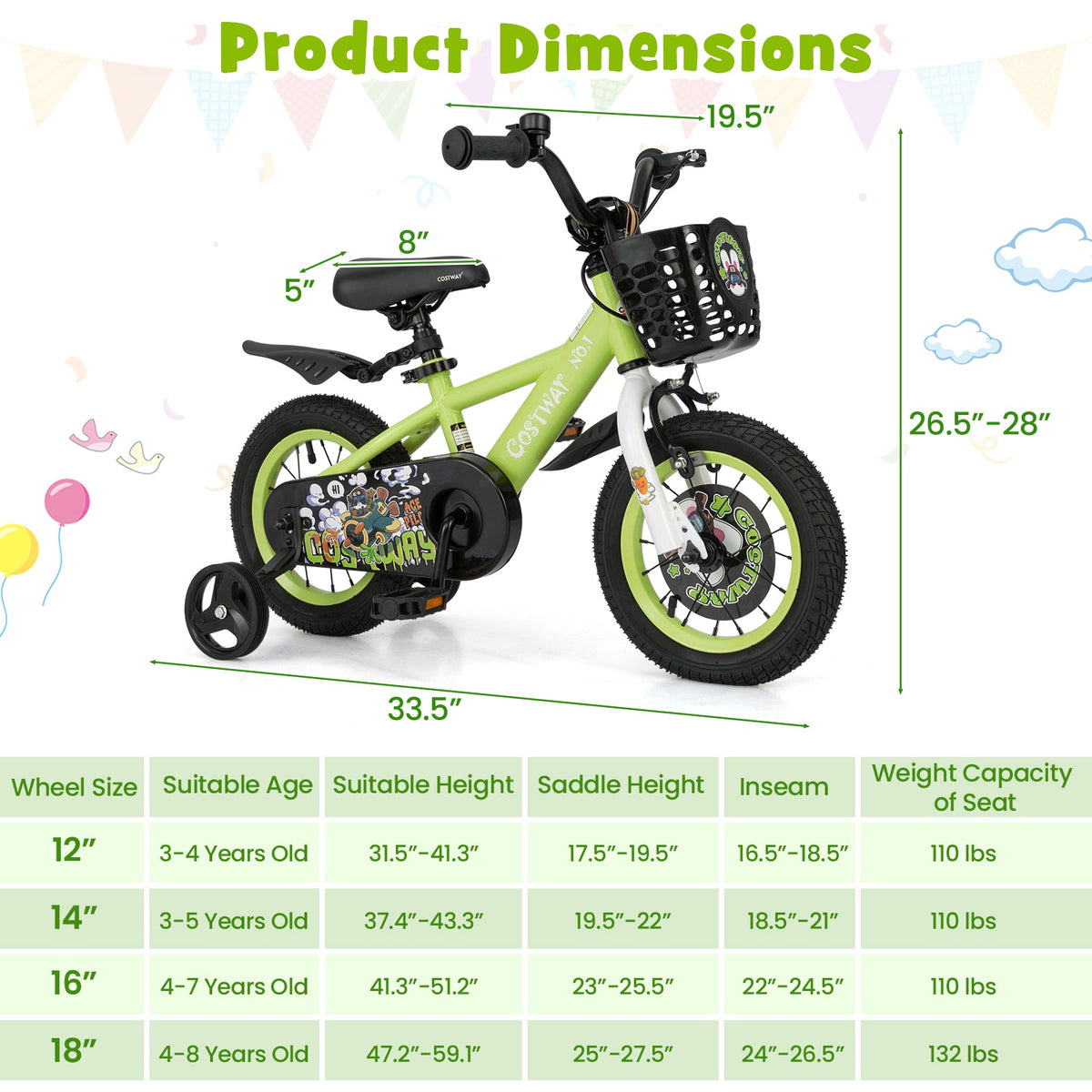 14 Inch Kids Bike Adjustable with Detachable Training Wheels for 3-5 Years Old-14 inches