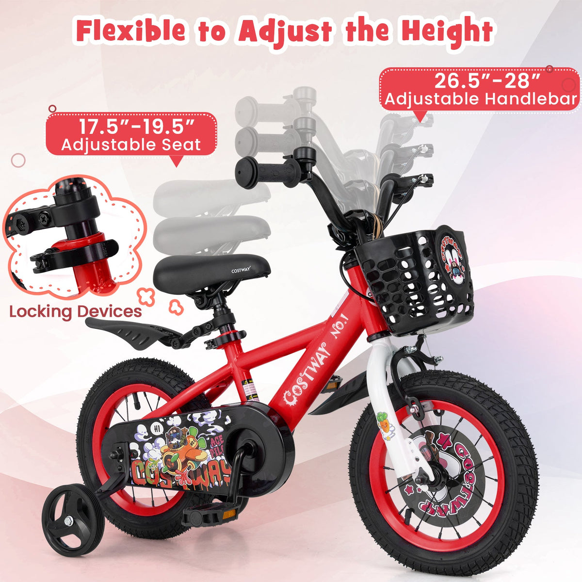 14 Inch Kids Bike Adjustable with Storage Basket and Double Brake for 3-5 Years Old-14 inches