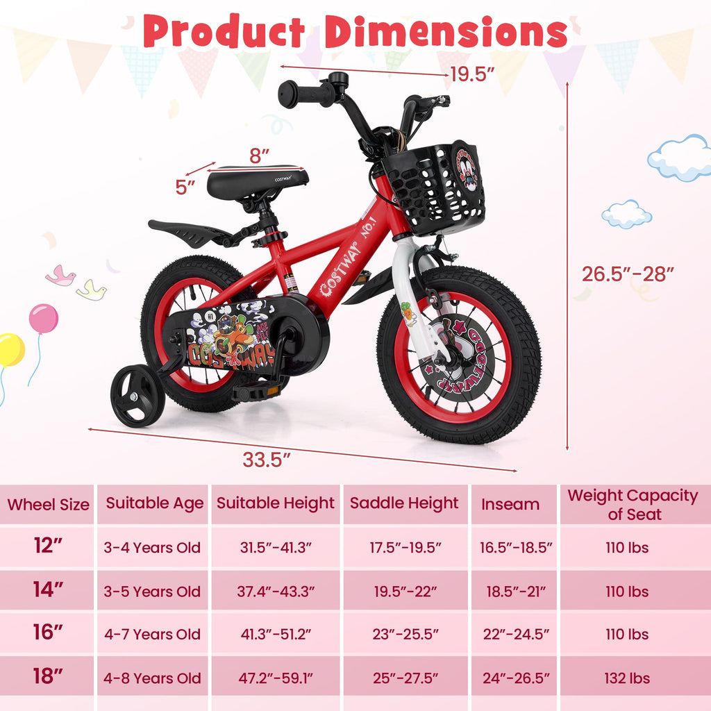 14 Inch Kids Bike Adjustable with Storage Basket and Double Brake for 3-5 Years Old-14 inches