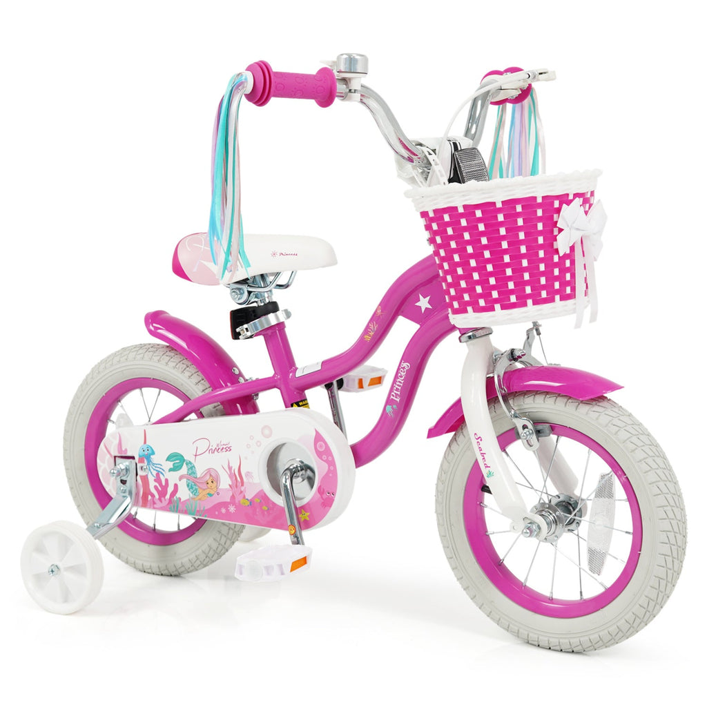 Kids Bike 18-Inch with Training Wheels and Basket Rose Red