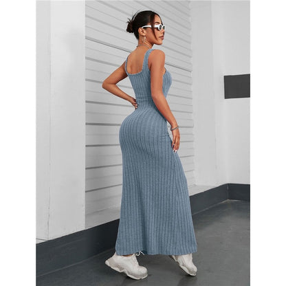 Solid Color Sleeveless Square Neck Slim Knitted Maxi Dress
