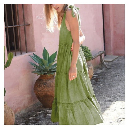 Solid Color Sleeveless Cotton Linen Dress