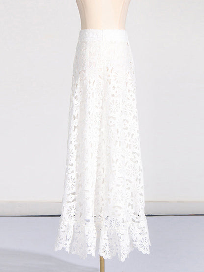 Flower Print Hollow Jacquard Solid Color Round-Neck Vest Top + Ruffle Trim Bodycon High-Low Skirts Bottom Two Pieces Set
