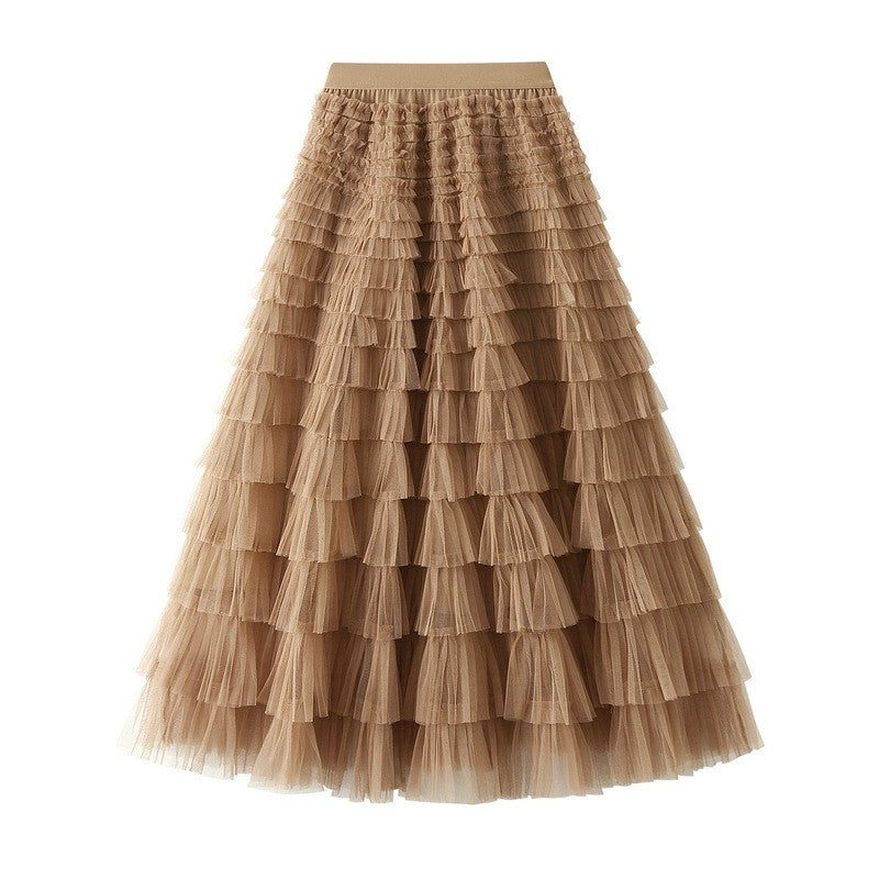 Layered Ruffled A-Line Mesh Cake Skirt with Elastic Waist - Solid Color