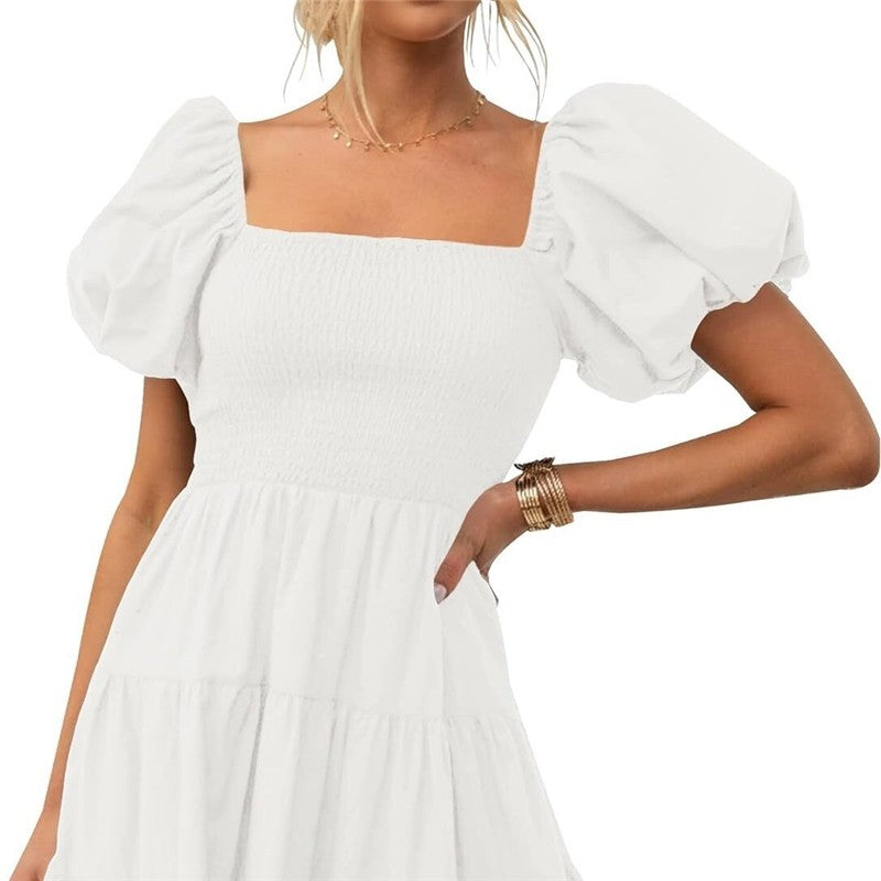 Square Neck Off-Shoulder Bubble Sleeve Dress