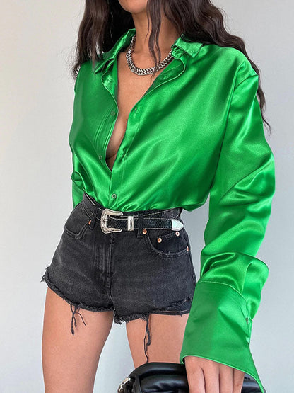 Long Sleeves Loose Buttoned Shiny Solid Color Lapel Blouses&Shirts Tops