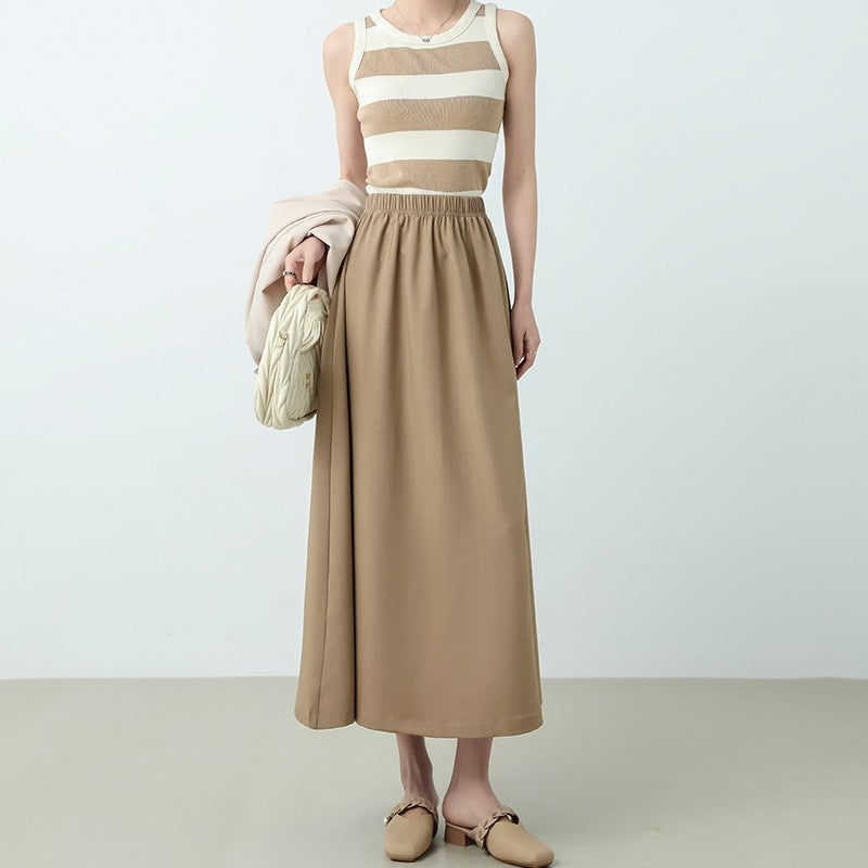 Solid Color Elastic Waist A-Line Skirt with Flared Hem
