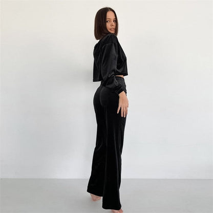 Velour Lounge Set: Solid Color Long Sleeve Crewneck Top and Pants