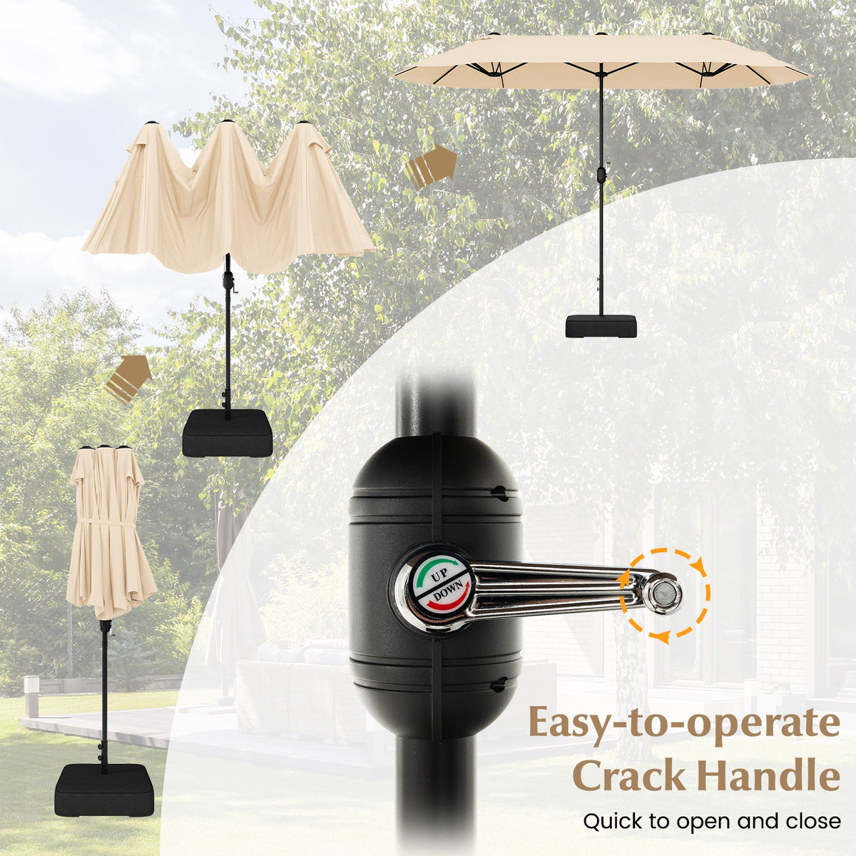 13FT Double-sided Patio Twin Table Umbrella with Crank Handle-Tan