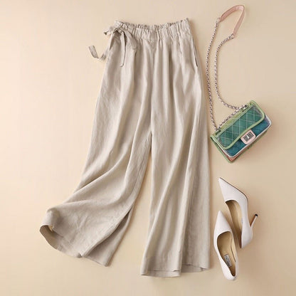 High-Waisted Wide-Leg Cropped Trousers in Cotton-Linen Blend