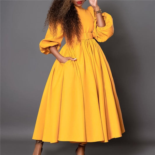 High Neck Seven-Sleeve Waist-Cinching Dress