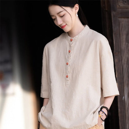 Stand Out in Style with our Solid Color Stand Collar Button-Up Short Sleeve Shirt
