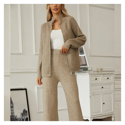 Knit Zip-Up Lapel Sweater and Wide-Leg Pants Set
