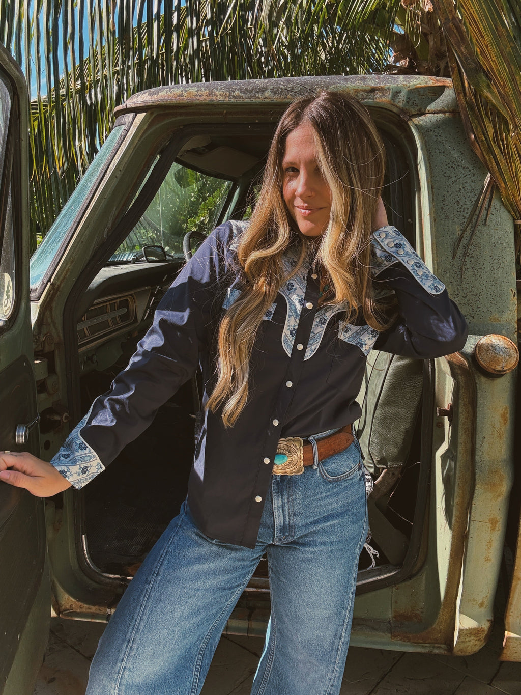 John Wayne Western Pearl Snap Button Up Top In Denim Blue