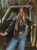 John Wayne Western Pearl Snap Button Up Top In Denim Blue