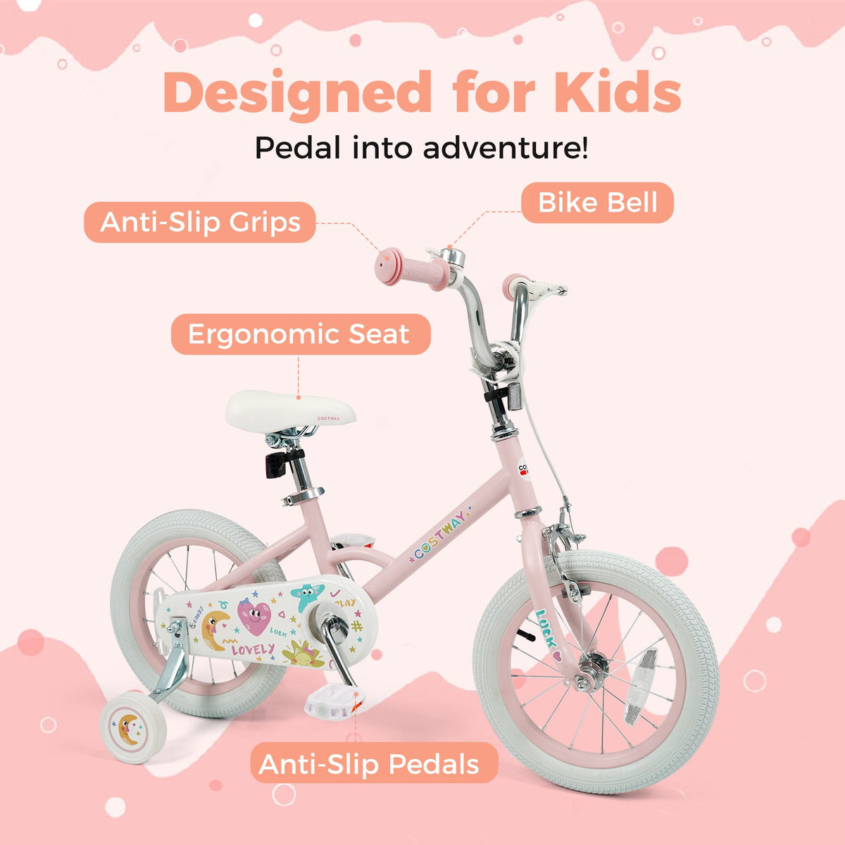 Kids Bike 12-18 Inch with Training Wheels - Pink Stars & Moon