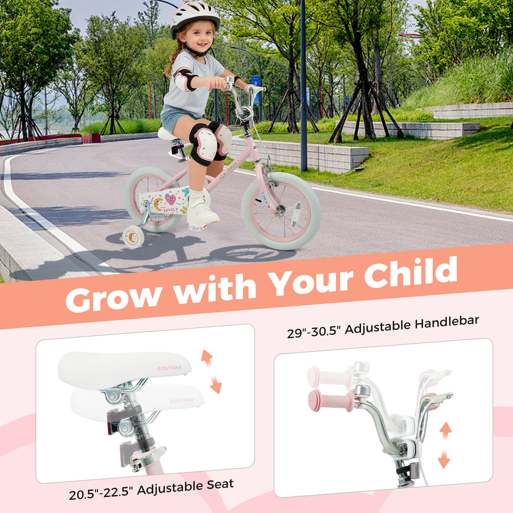 Kids Bike 12-18 Inch with Training Wheels - Pink Stars & Moon