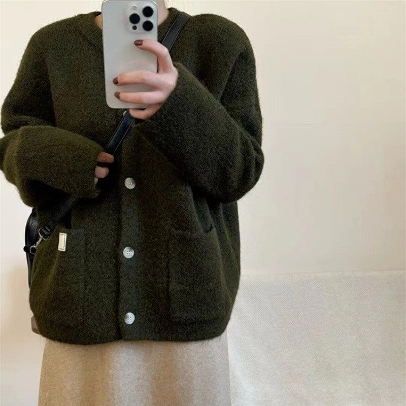 Solid Color Round Neck Single Breasted Knit Cardigan