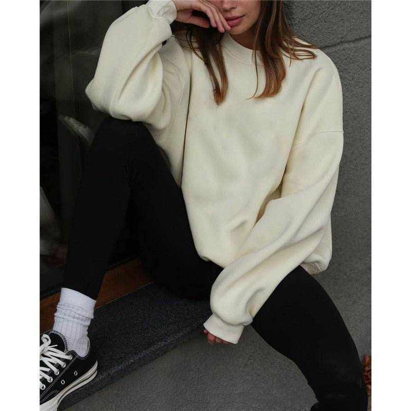 Casual Loose Fit Solid Color Crewneck Cotton  Sweatshirt