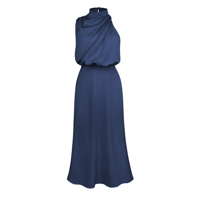Solid Color Half Turtleneck Sleeveless Satin Dress