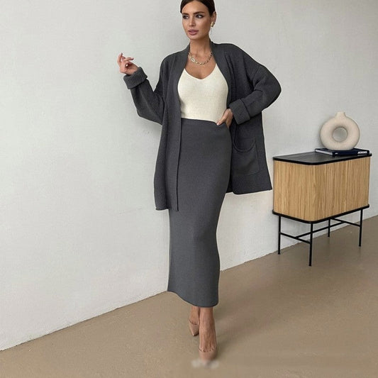 Two-Piece Solid Color Long Sleeve Sweater Cardigan and Skirt Set