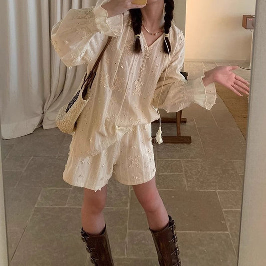 Solid V-Neck Long Sleeve Hollow Retro Blouse
