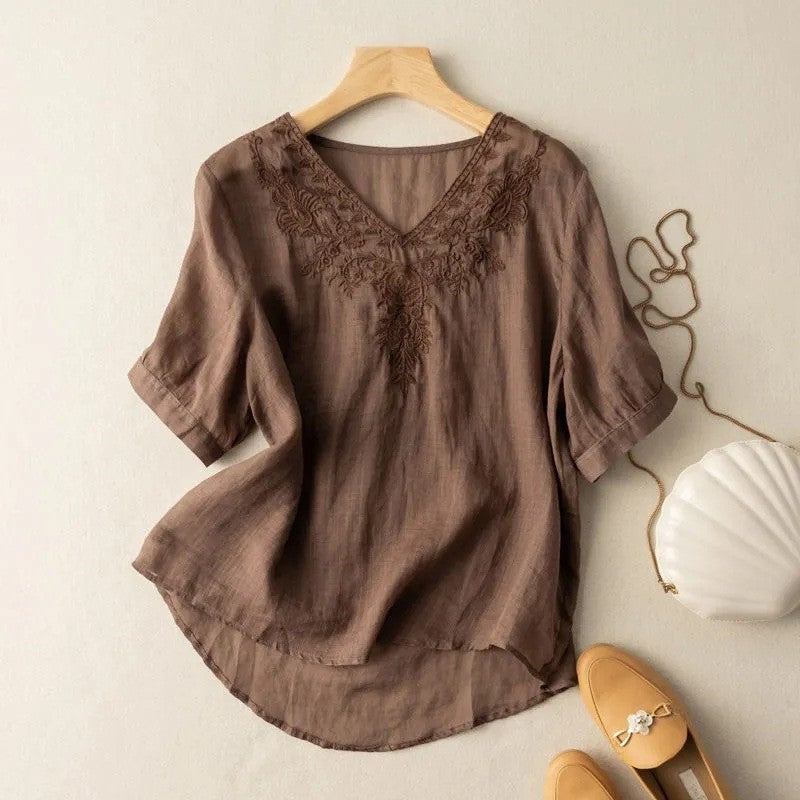 Breathable Loose Fit V-Neck Embroidered T-Shirt