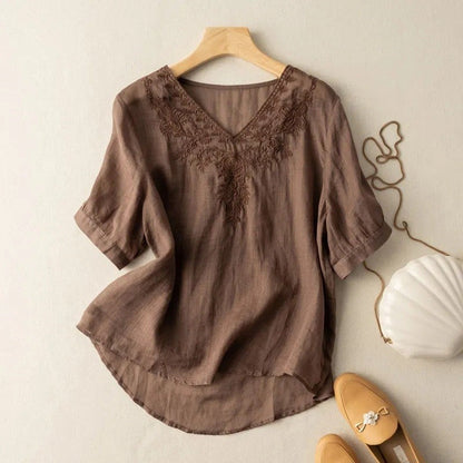 Breathable Loose Fit V-Neck Embroidered T-Shirt