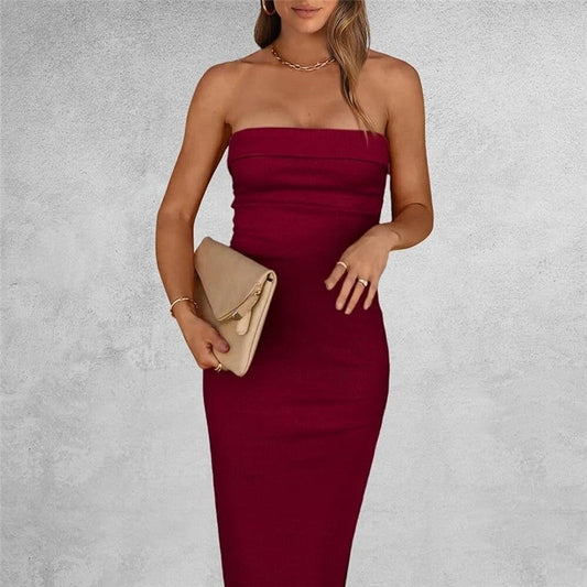 Solid Color Ribbed Bandeau Maxi Dress with Side Slit