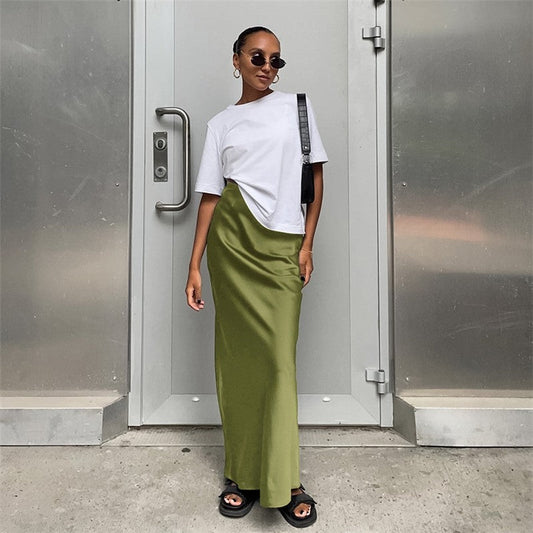 Simple Satin Maxi Skirt in Solid Color