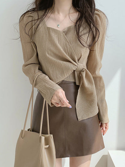 Original Solid Color Square-Neck Long Sleeves Tied Blouse