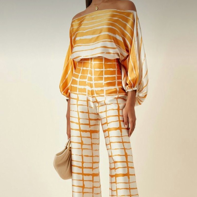 Printing Boat Neck Balloon Sleeve Top And Wide Leg Pants Two Pieces Suits