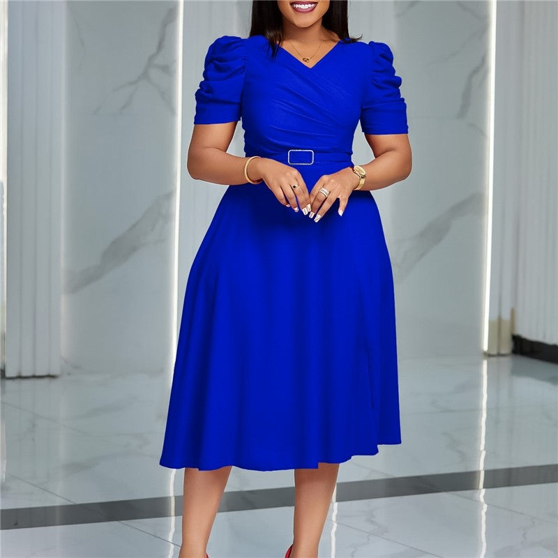 Ruched V-Neck Swing Dress in Solid Color