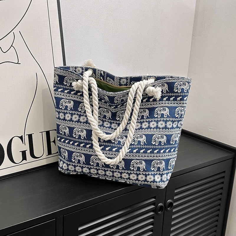 Printed Canvas Tote Bag with Stylish Rope Handles