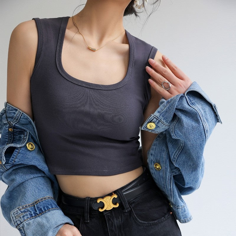Square Neck Sleeveless Slim Fit Cropped Vest in Solid Color