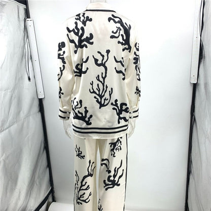 Chic Satin Color Block Printed Suit
