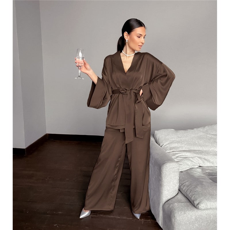 Solid Color Satin Lace-Up Robe and Pants Set