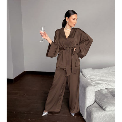 Solid Color Satin Lace-Up Robe and Pants Set