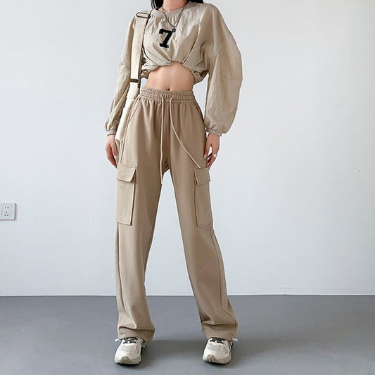 Casual Loose Fit Solid Color Cargo Pants with Elastic Waistband