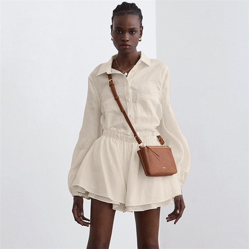 Solid Color Long Sleeve Lapel Single Breasted Blouse and Shorts Set